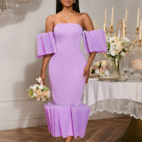 Sexy Off Shoulder Purple Dress Ruffle Party Evening Gown