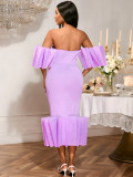 Sexy Off Shoulder Purple Dress Ruffle Party Evening Gown