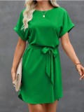 Women Lace-up Waist Short Sleeve Dress
