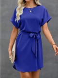 Women Lace-up Waist Short Sleeve Dress