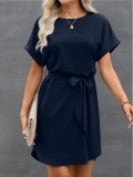 Women Lace-up Waist Short Sleeve Dress