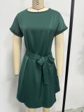 Women Lace-up Waist Short Sleeve Dress