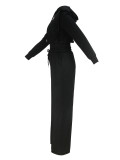 Women Elegant Long-Sleeved Hooded Crop Top and Pants Two-Piece Set