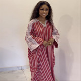Women Summer Lace V-Neck Striped Dress