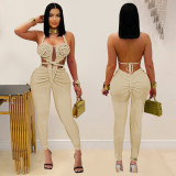 Women Sexy Casual Halter Neck Backless Solid Jumpsuit