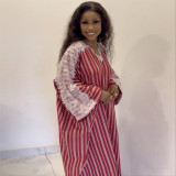 Women Summer Lace V-Neck Striped Dress