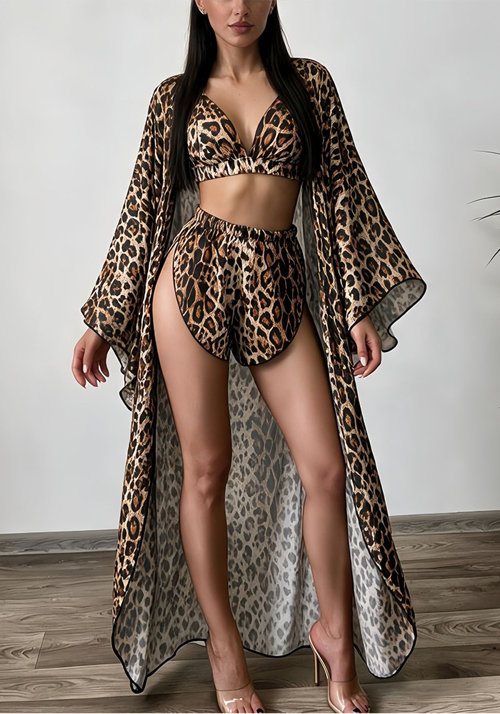 Leopard-print long robe, short top and shorts shown as a coordinated outfit.