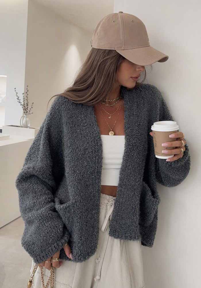 Charcoal open-front cardigan with long sleeves and front pockets.