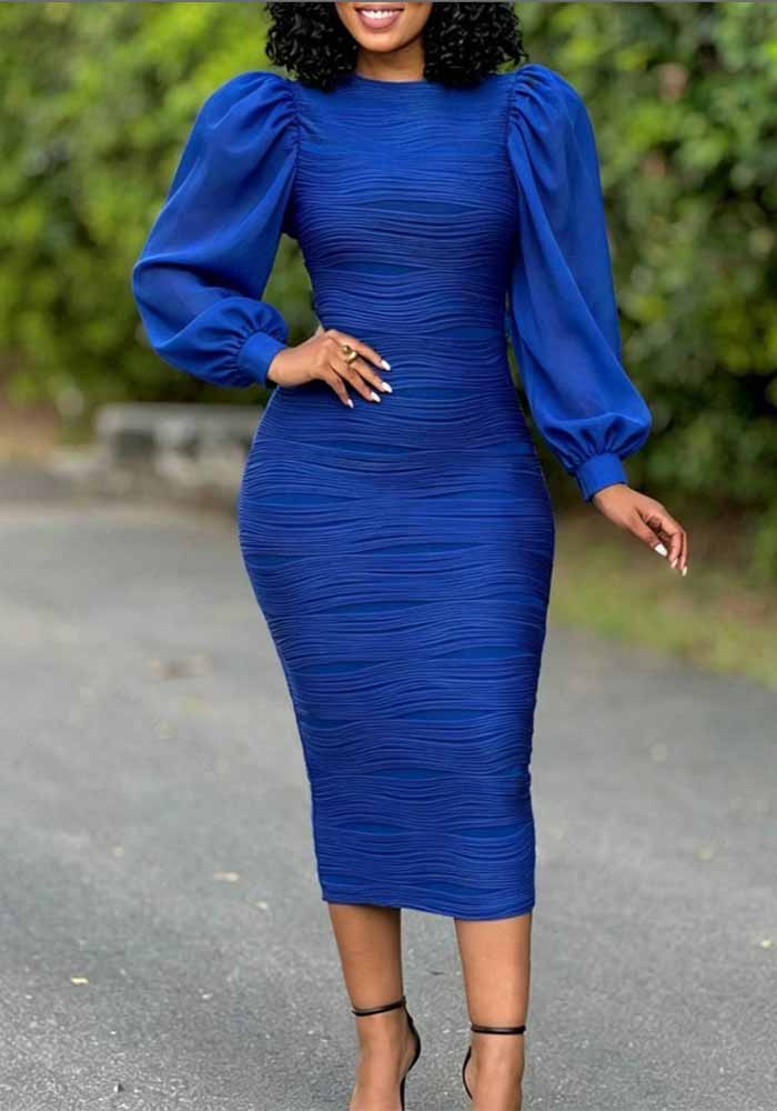 Bright blue below-knee dress with long puff sleeves and gathered surface lines.