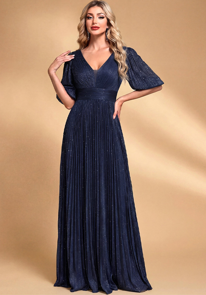 Navy floor-length V-neck dress with wide short sleeves, a defined waist and pleated skirt.