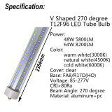 30-pack V Shaped 8ft 2.4m LED Tube Light 48W 64W Single pin FA8 R17D HO F96 T8T10T12 Fluorescent Lamp Super Bright Retrofit Bulb to US 25 days