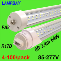 Super Bright Dual-row LEDs LED Tube Bulb 8Ft 64W Sinlge-pin FA8 Bi-pin R17D HO F96 Retrofit Fluorescent Lamp Bar Lighting