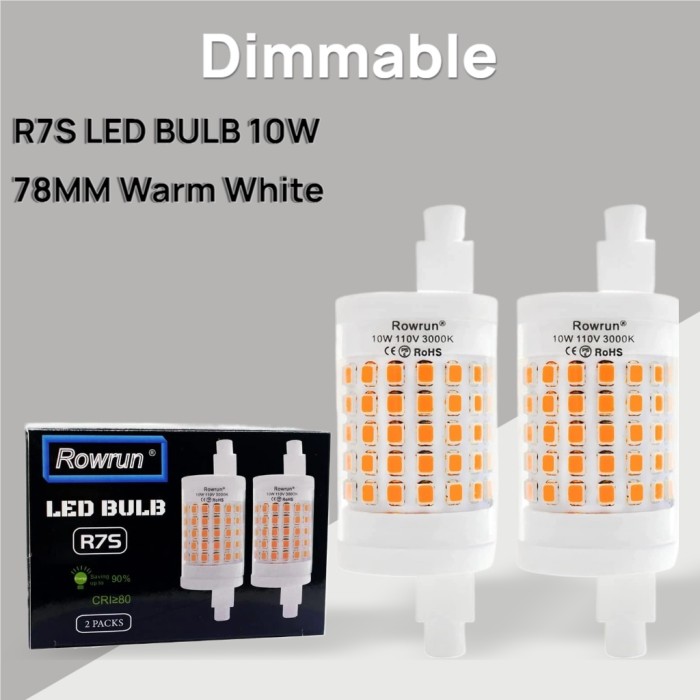 R7S LED Bulb 78mm Dimmable 3000K Warm White 10W (100-Watt Equivalent) 1000lm AC 110V J Type T3 Halogen Light Replacement 2-Pack by Rowrun