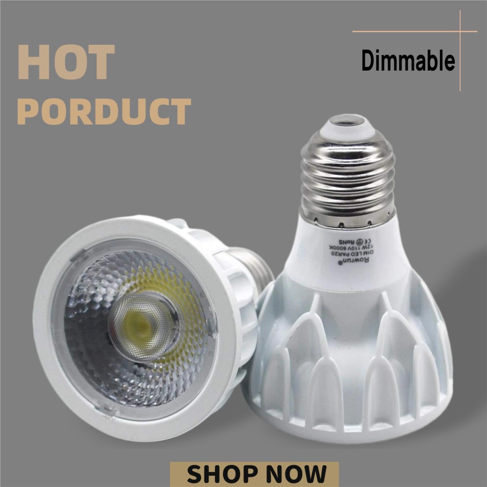 PAR20 LED Bulb 6000K Daylight White Dimmable 12W E26 Medium Base COB Spot Light 24° Beam Angle High CRI (85+) 1200LM AC 85-265V Flood Lamp 2-Pack by Rowrun