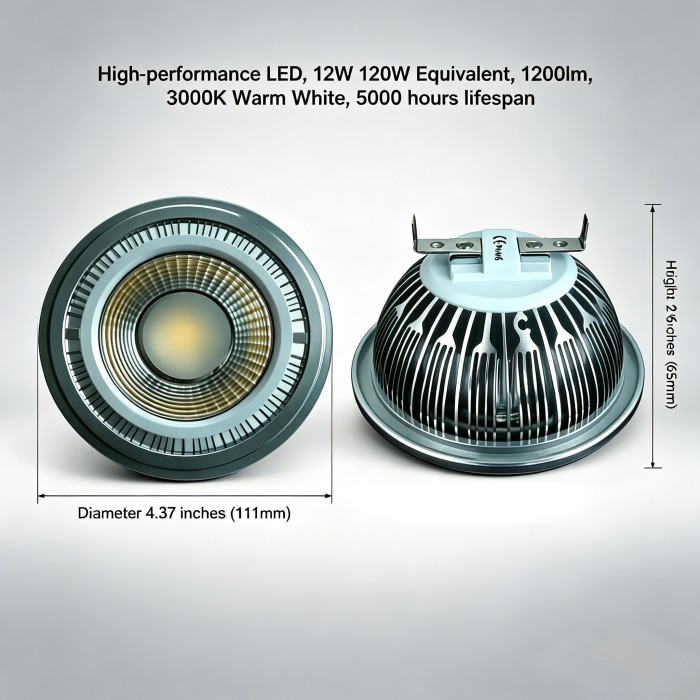 AR111 Dimmable COB LED Flood Light Bulb, Premium Commercial Grade, 12W 120W Equivalent, 1200lm, 3000K Warm White, GU10 Base, for Commercial & Project Lighting, 2-Pack by Rowrun