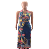 Printed Irregular V-neck Halter Maxi Dress