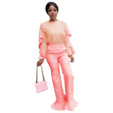 Contrast Ruffle Top and Flared Pants Set