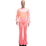 Contrast Ruffle Top and Flared Pants Set