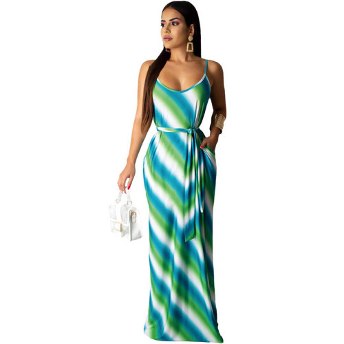 Casual Striped Print Straps Long Dress with Belt