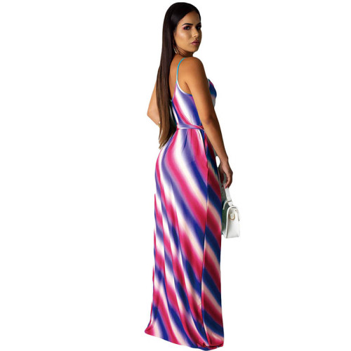 Casual Striped Print Straps Long Dress with Belt