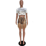 Casual Printed Letter Top and Leopard Tassel Shorts Set