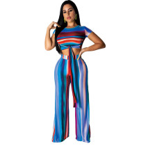 Casual Crop Top Striped Printed 2 Pcs Set with Belt