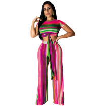 Casual Crop Top Striped Printed 2 Pcs Set with Belt