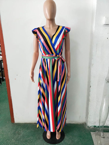 Casual V Neck Rainbow Sleeve Print Maxi Dress