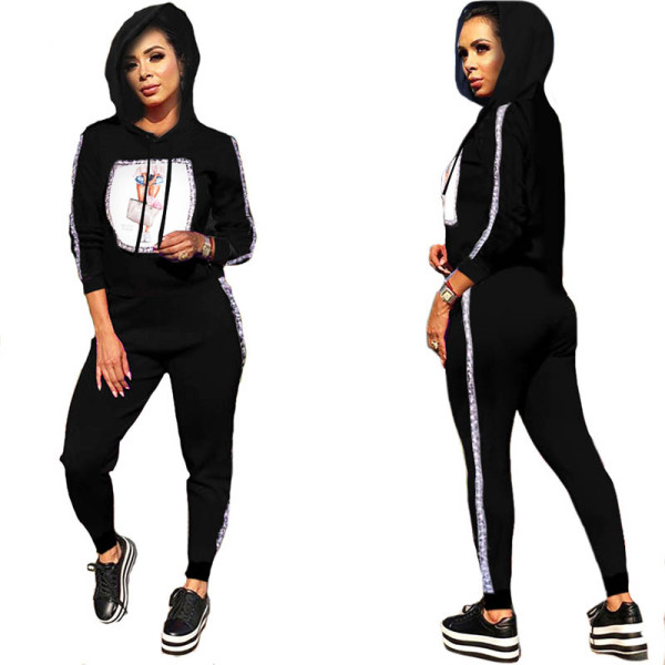 Casual Hoodie Patch Two Piece Set