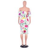 Off Shoulder Flower Ruffled Midi Mermard Dresses