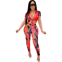 Casual Printed Bandage Crop Top Two Piece Set