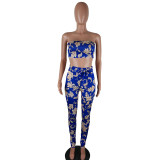 Casual Print Strapless Crop Top and Trousers