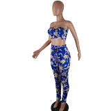 Casual Print Strapless Crop Top and Trousers