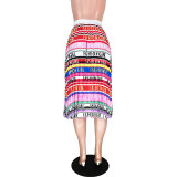 Striped & Letter Print Pleated Skirt