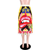 Lip & Letter Print Pleated Skirt
