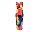 Strapless Twisted Tie-dye Split Long Dress