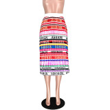 Striped & Letter Print Pleated Skirt