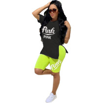 Casual Letter Offset Print Split Short 2 Piece Set