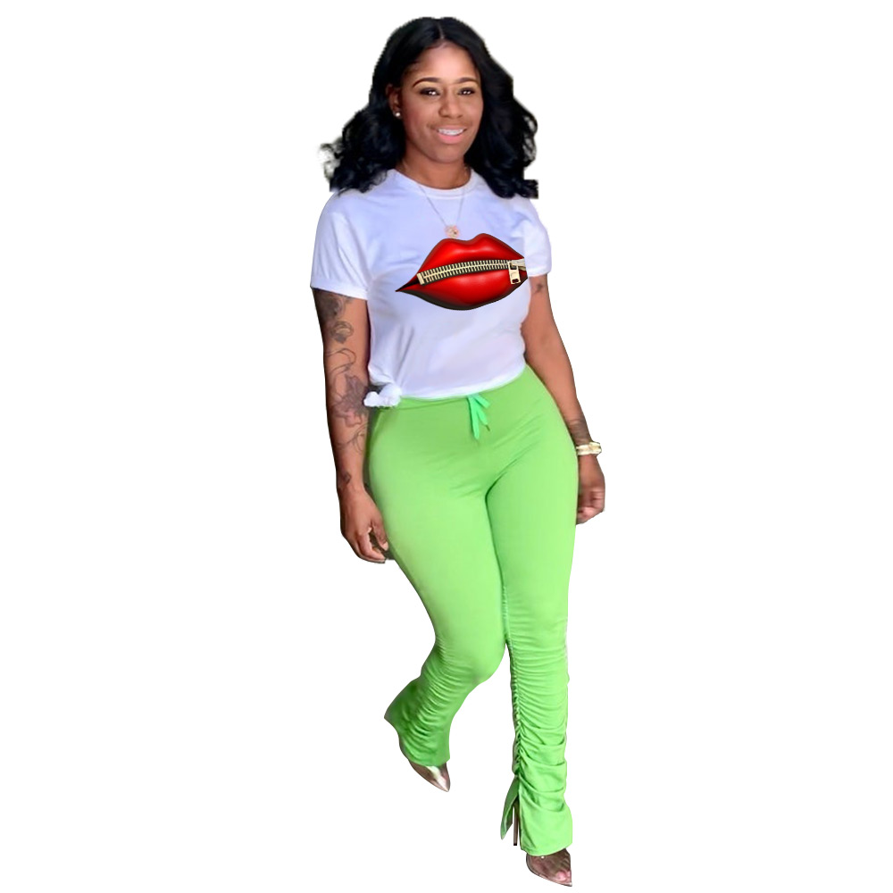 Casual O Neck Lip Print Pleated Stacked Pant Set