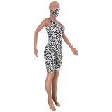 Sling Leopard Print Bodysuit with Face Mask