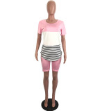 Casual Striped Stitching Tops and Plain Shorts