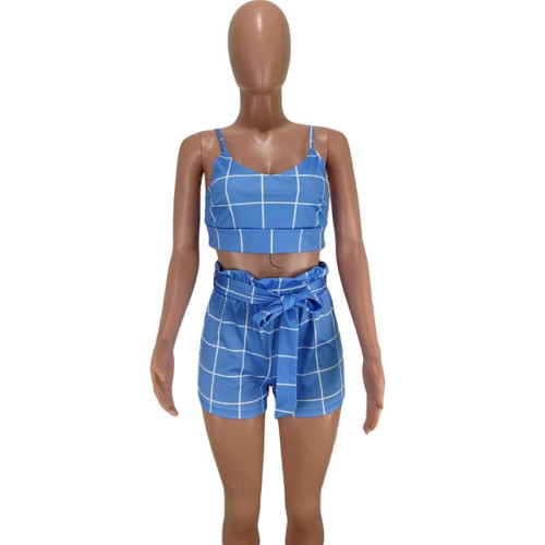 Casual Plaid Sling Crop Top and Short
