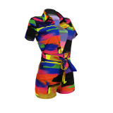 Casual Colorful V Neck Romper with Belt