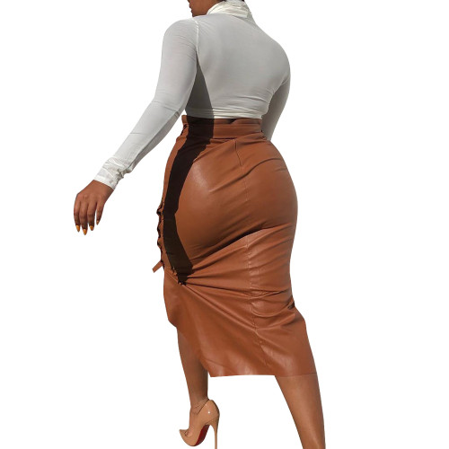 PU Leather Split Mid-length Skirt