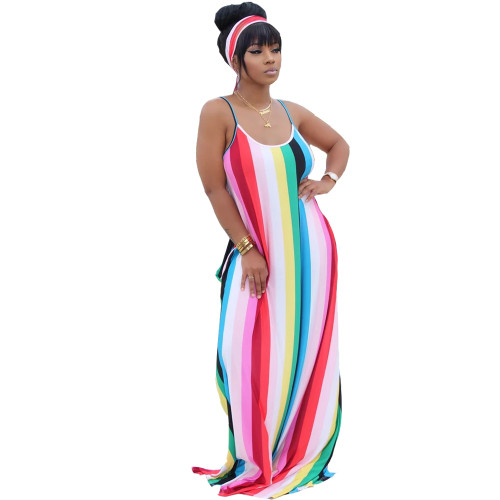 Casual Striped Printed Straps Maxi Dress