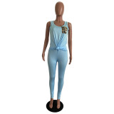 Solid Color Sleeveless Top And Trousers