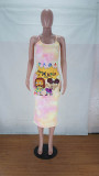 Summer Tie-dye Cartoon Straps Mid Dress