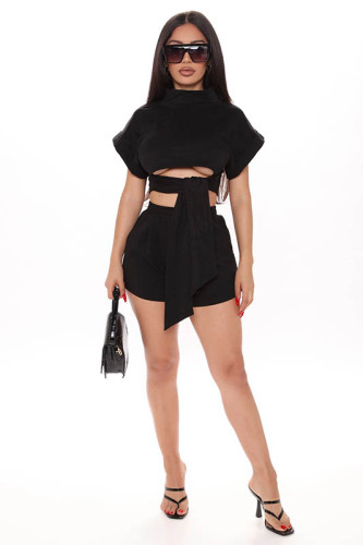 Solid Color Bandage Crop Top and Shorts