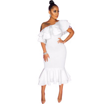 Casual One Shoulder Irregular Ruffled Midi Dress