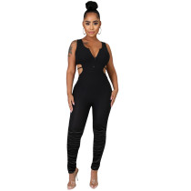 Solid Color Zip-up Sleeveless Pleated Stacked Jumpsuit